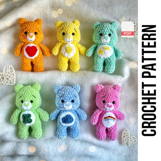 Low-Sew 6in1 Crochet Pattern - Care Bears, easy amigurumi baby toy, Cheer, Funshine, Good Luck, Grumpy, Tenderheart, Wish Bear